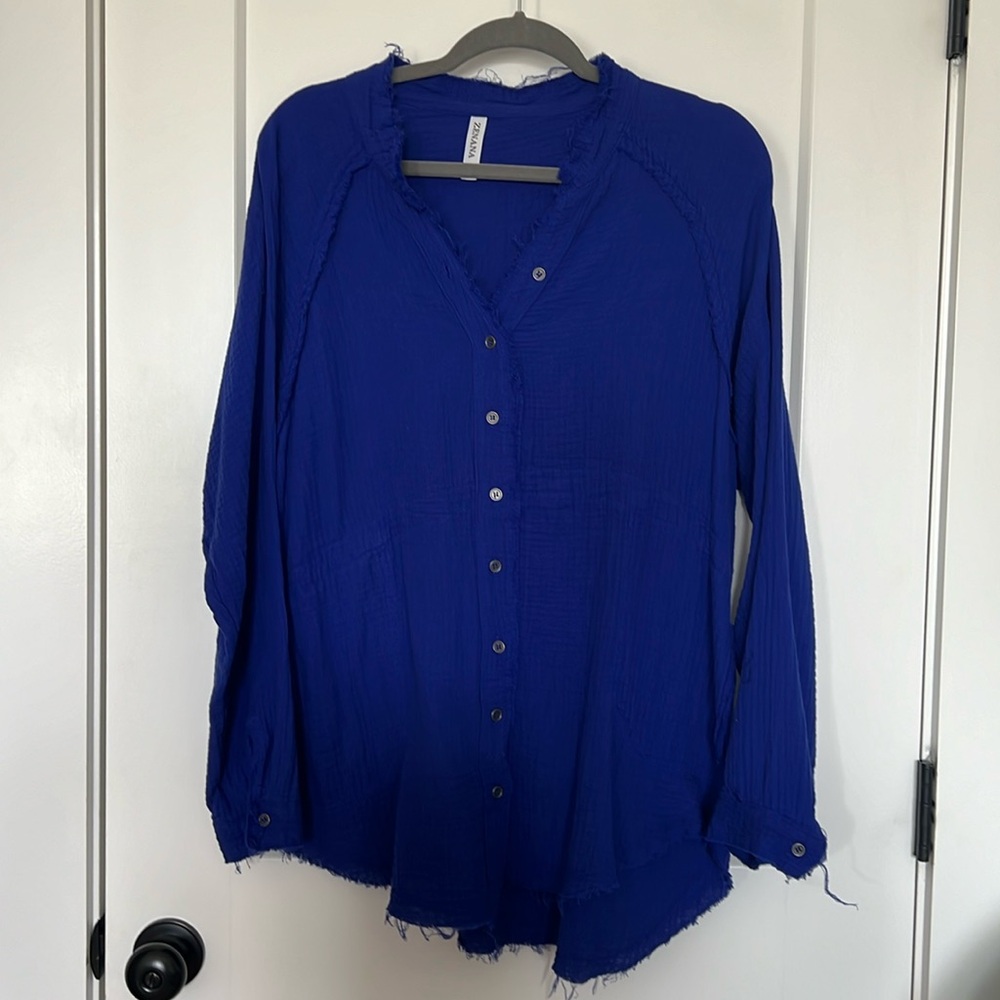 Large L Zenana Cotton Gauze Cobalt Blue Shirt Top